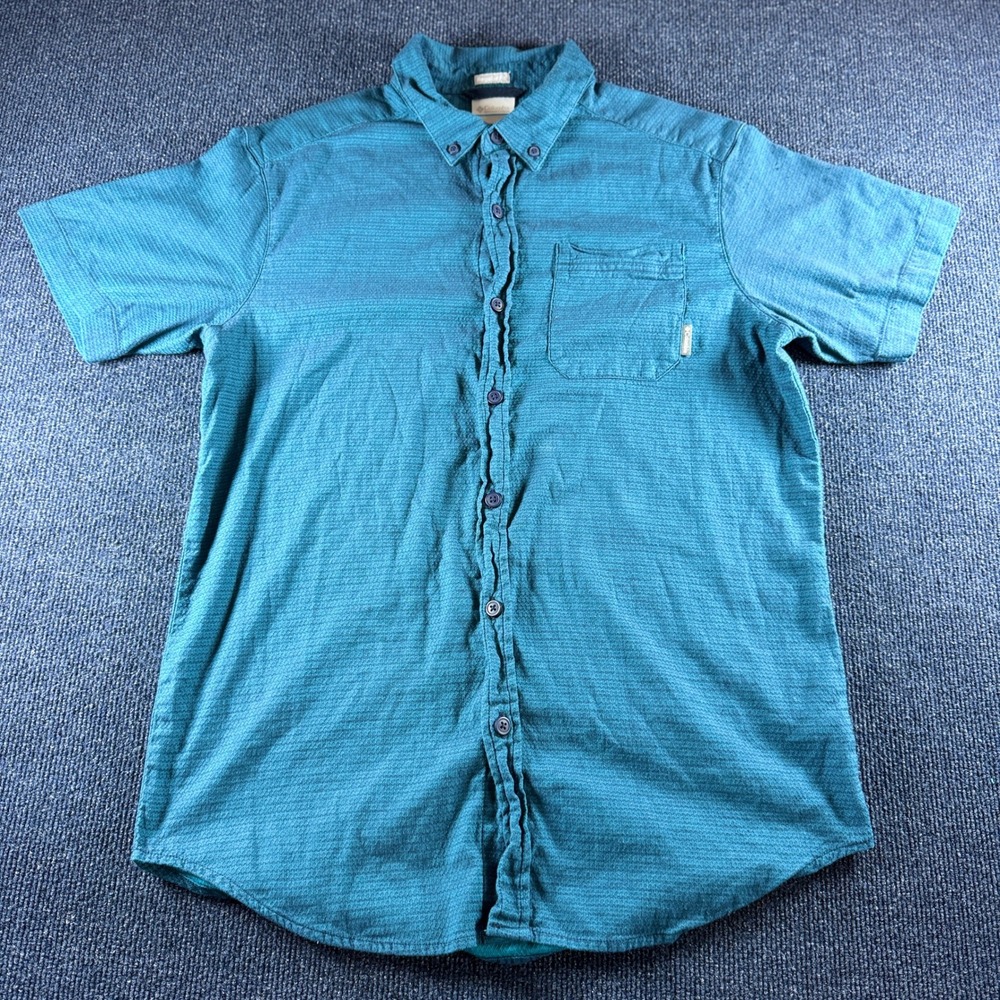 Columbia Mens Short Sleeve Button Down Shirt Teal‎ Textured Regular Fit Size M
